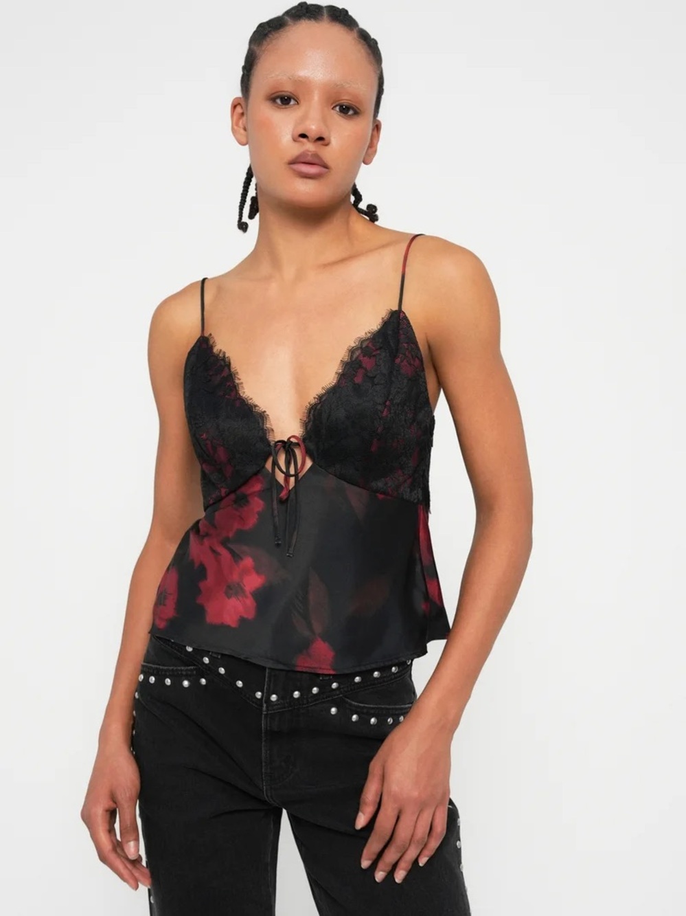 Abercrombie & Fitch black lace tie-front cami top in red floral medium NEW
